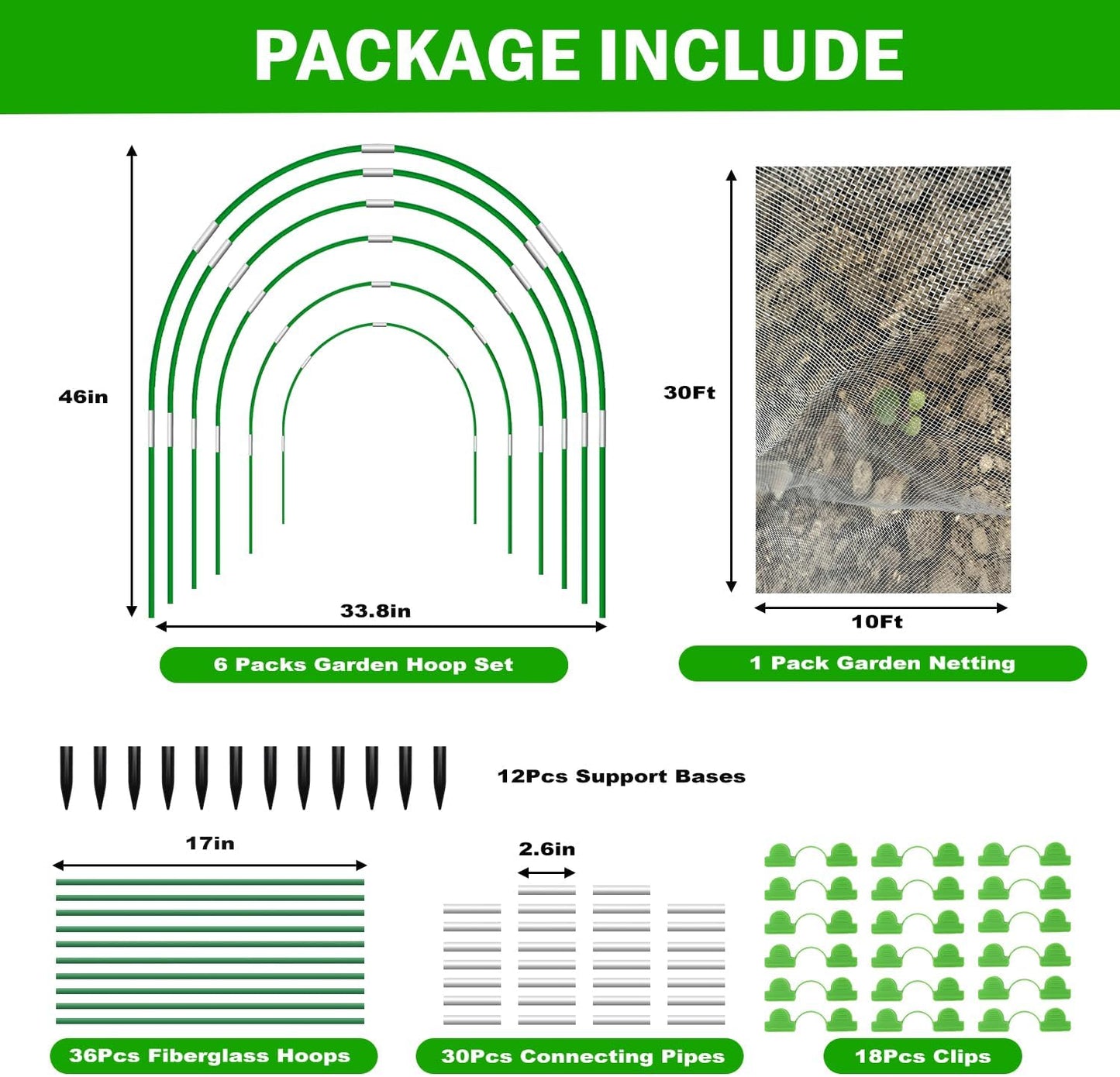 Garden Mesh Netting Kit, 10x30FT Black Ultra Fine Netting & 6 Sets 8FT Fiberglass Garden Hoops, Garden Netting with Frame for Raised Beds, Garden Hoops and Netting for Row Cover, Plant Insect Barrier