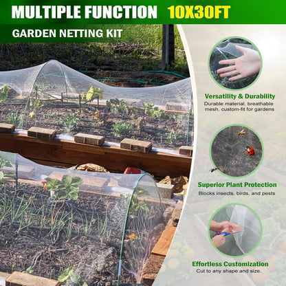 Garden Mesh Netting Kit, 10x30FT Black Ultra Fine Netting & 6 Sets 8FT Fiberglass Garden Hoops, Garden Netting with Frame for Raised Beds, Garden Hoops and Netting for Row Cover, Plant Insect Barrier