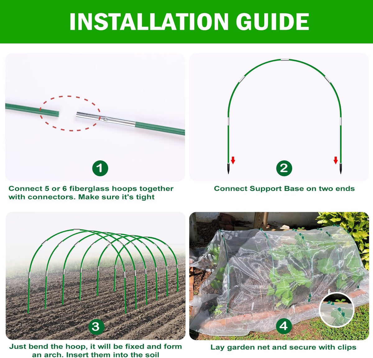 Garden Mesh Netting Kit, 10x30FT Black Ultra Fine Netting & 6 Sets 8FT Fiberglass Garden Hoops, Garden Netting with Frame for Raised Beds, Garden Hoops and Netting for Row Cover, Plant Insect Barrier