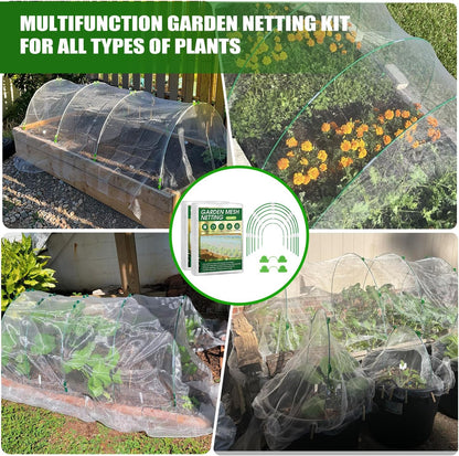 Garden Mesh Netting Kit, 10x30FT Black Ultra Fine Netting & 6 Sets 8FT Fiberglass Garden Hoops, Garden Netting with Frame for Raised Beds, Garden Hoops and Netting for Row Cover, Plant Insect Barrier