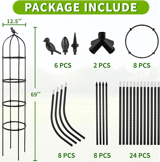 2-Pack 6FT Garden Obelisk Trellis for Climbing Plants,Adjustable 4-Tier Metal Plant Support,Rustproof Outdoor Plant Tower with 3 Decorative Tops for Roses,Tomatoes,Clematis & Vines,Black
