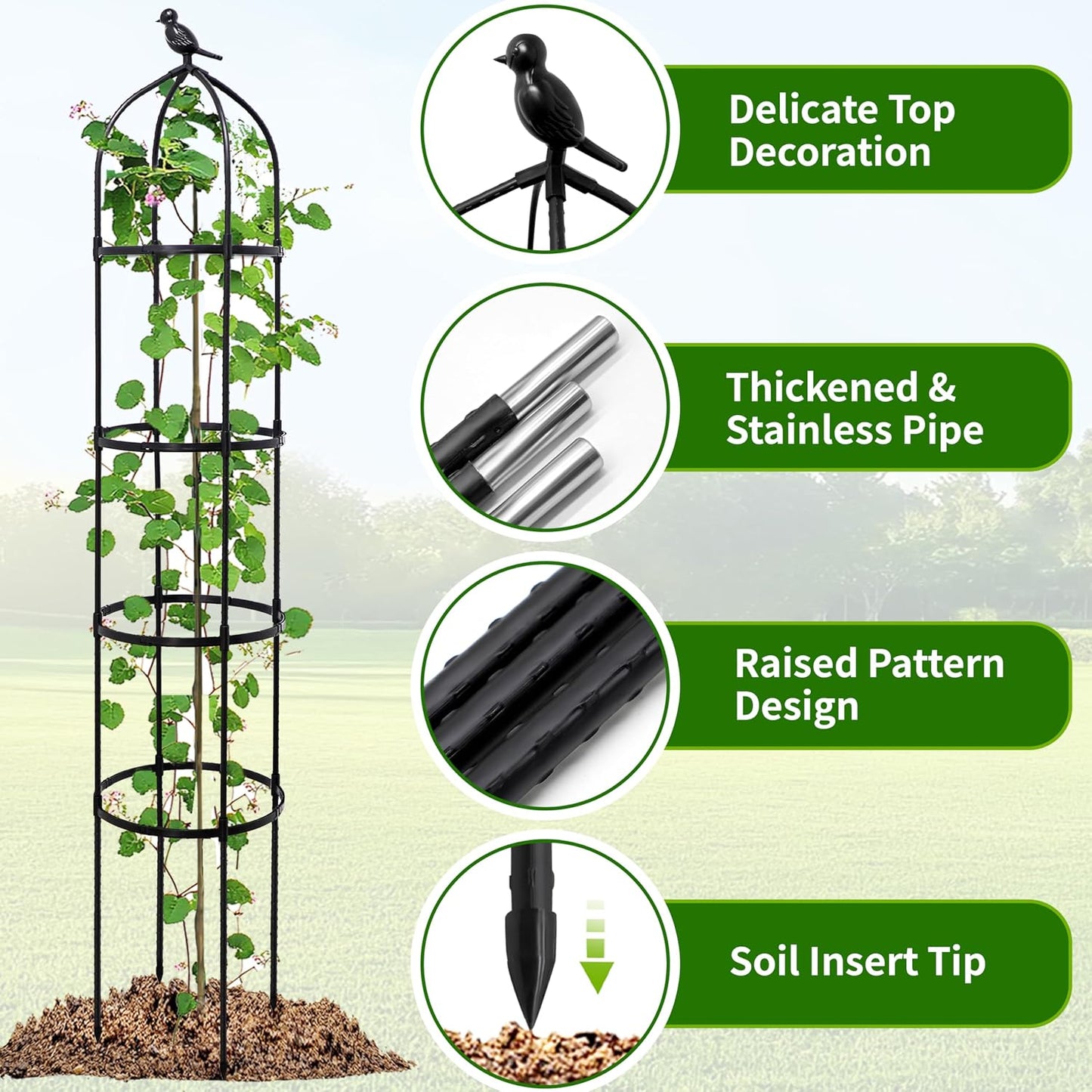 2-Pack 6FT Garden Obelisk Trellis for Climbing Plants,Adjustable 4-Tier Metal Plant Support,Rustproof Outdoor Plant Tower with 3 Decorative Tops for Roses,Tomatoes,Clematis & Vines,Black