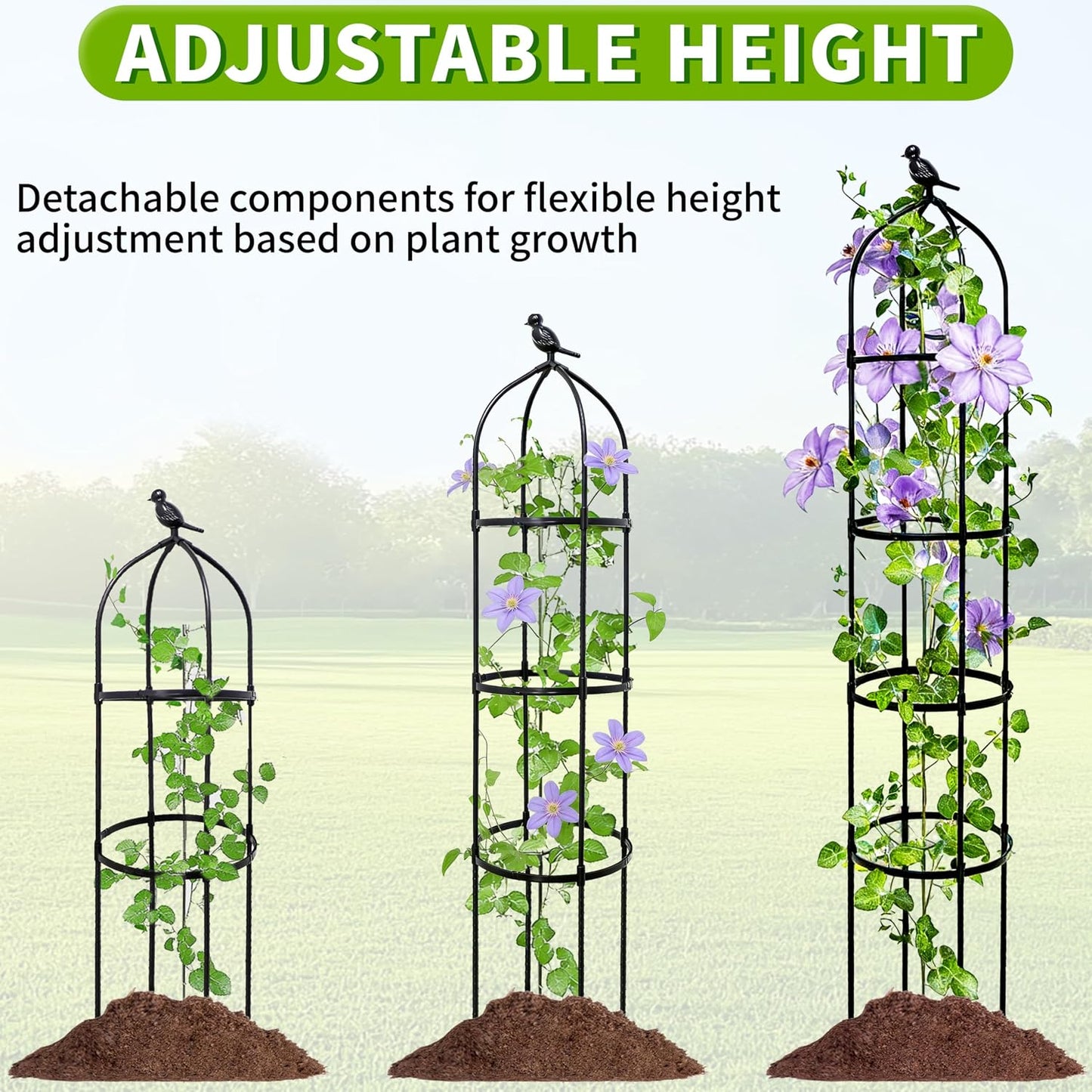 2-Pack 6FT Garden Obelisk Trellis for Climbing Plants,Adjustable 4-Tier Metal Plant Support,Rustproof Outdoor Plant Tower with 3 Decorative Tops for Roses,Tomatoes,Clematis & Vines,Black