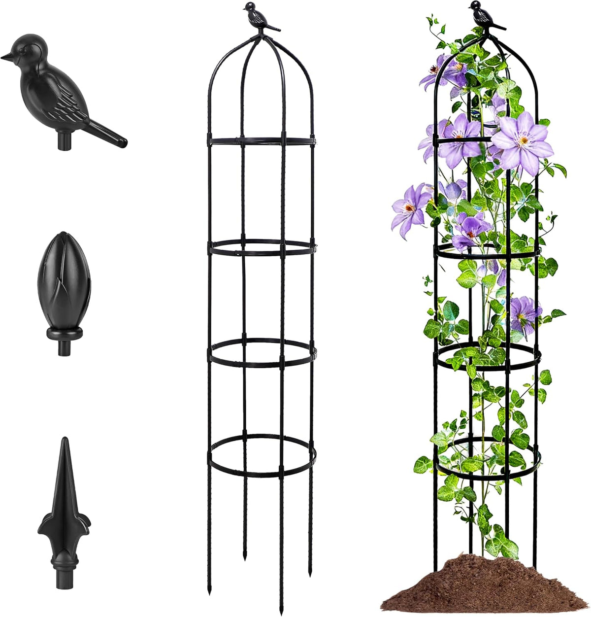 2-Pack 6FT Garden Obelisk Trellis for Climbing Plants,Adjustable 4-Tier Metal Plant Support,Rustproof Outdoor Plant Tower with 3 Decorative Tops for Roses,Tomatoes,Clematis & Vines,Black