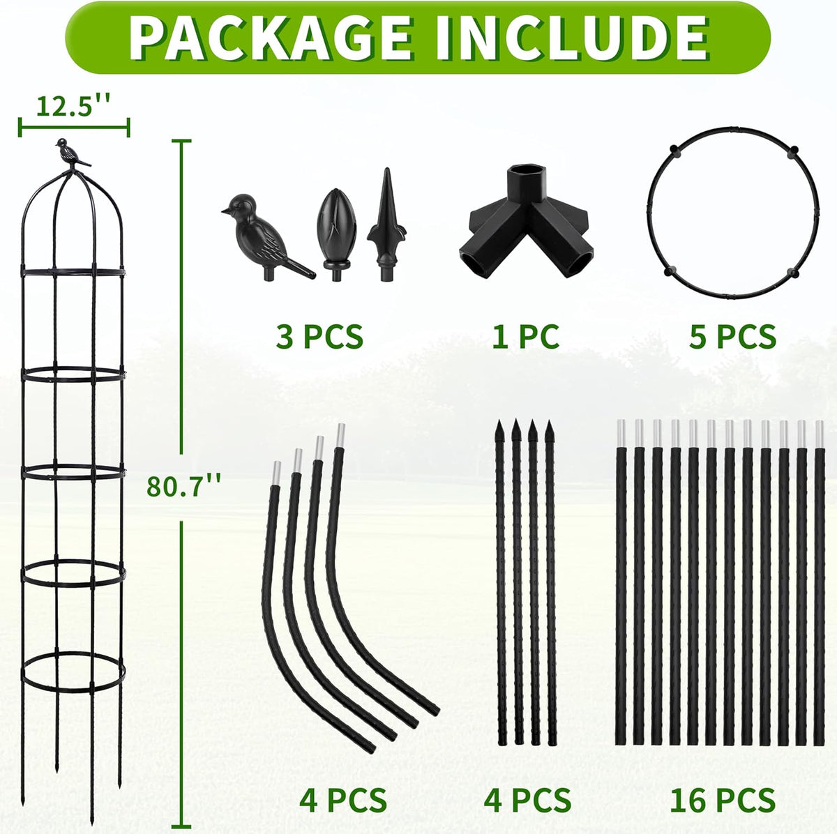 2-Pack 6FT Garden Obelisk Trellis for Climbing Plants,Adjustable 4-Tier Metal Plant Support,Rustproof Outdoor Plant Tower with 3 Decorative Tops for Roses,Tomatoes,Clematis & Vines,Black
