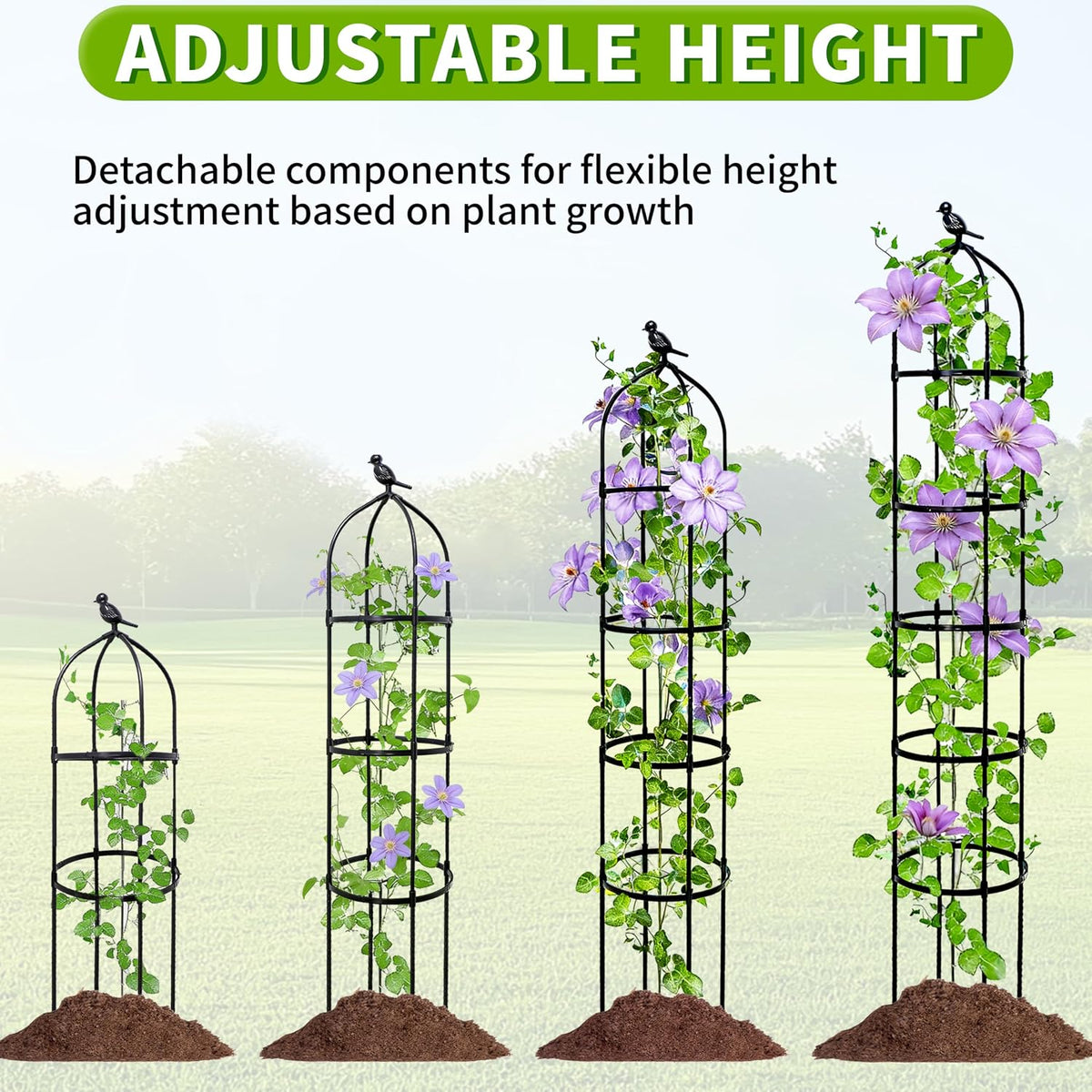 2-Pack 6FT Garden Obelisk Trellis for Climbing Plants,Adjustable 4-Tier Metal Plant Support,Rustproof Outdoor Plant Tower with 3 Decorative Tops for Roses,Tomatoes,Clematis & Vines,Black