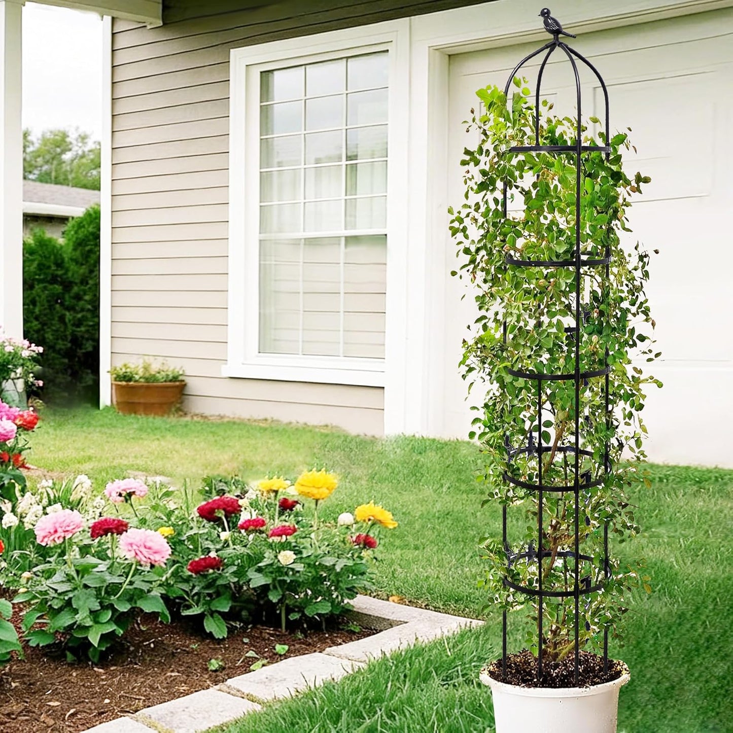 2-Pack 6FT Garden Obelisk Trellis for Climbing Plants,Adjustable 4-Tier Metal Plant Support,Rustproof Outdoor Plant Tower with 3 Decorative Tops for Roses,Tomatoes,Clematis & Vines,Black