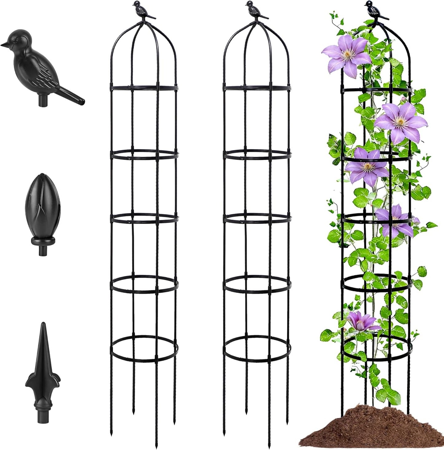 2-Pack 6FT Garden Obelisk Trellis for Climbing Plants,Adjustable 4-Tier Metal Plant Support,Rustproof Outdoor Plant Tower with 3 Decorative Tops for Roses,Tomatoes,Clematis & Vines,Black