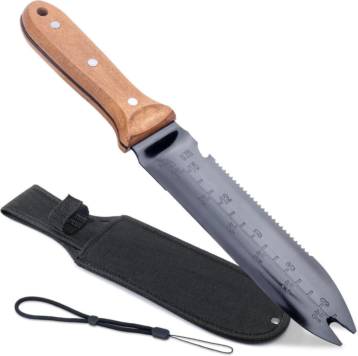 Hori Hori Garden Knife- Garden Tools with Oxford Cloth Sheath, 7" Stainless Steel Blade,Full Tang Beechwood Handle, Ideal for Transplanting, Division, Weeding & Root Care (Forked Tip)