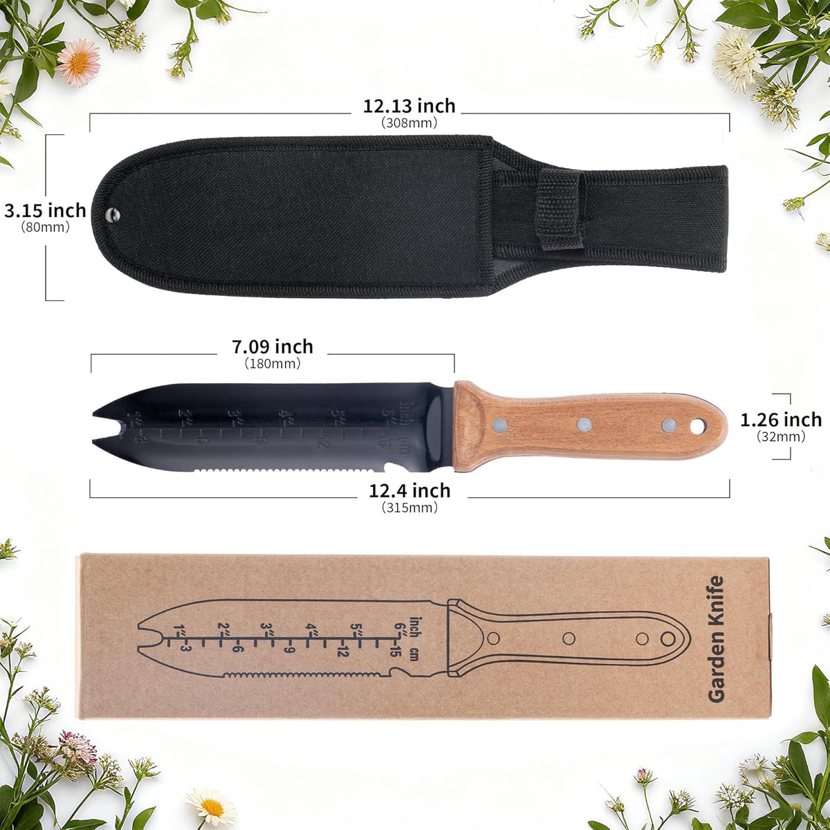 Hori Hori Garden Knife- Garden Tools with Oxford Cloth Sheath, 7" Stainless Steel Blade,Full Tang Beechwood Handle, Ideal for Transplanting, Division, Weeding & Root Care (Forked Tip)