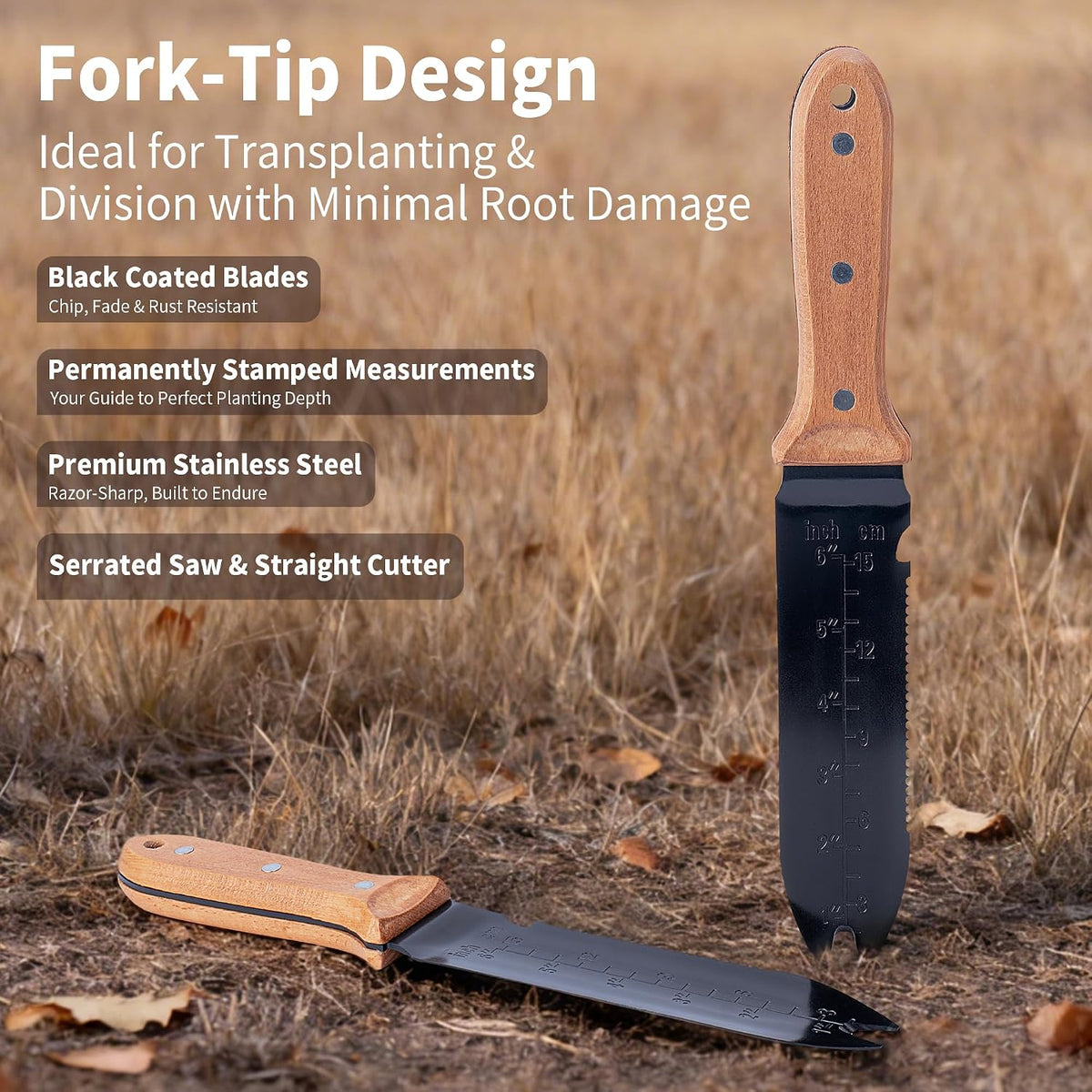 Hori Hori Garden Knife- Garden Tools with Oxford Cloth Sheath, 7" Stainless Steel Blade,Full Tang Beechwood Handle, Ideal for Transplanting, Division, Weeding & Root Care (Forked Tip)