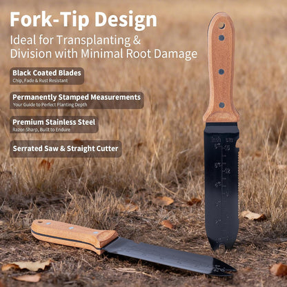 Hori Hori Garden Knife- Garden Tools with Oxford Cloth Sheath, 7" Stainless Steel Blade,Full Tang Beechwood Handle, Ideal for Transplanting, Division, Weeding & Root Care (Forked Tip)
