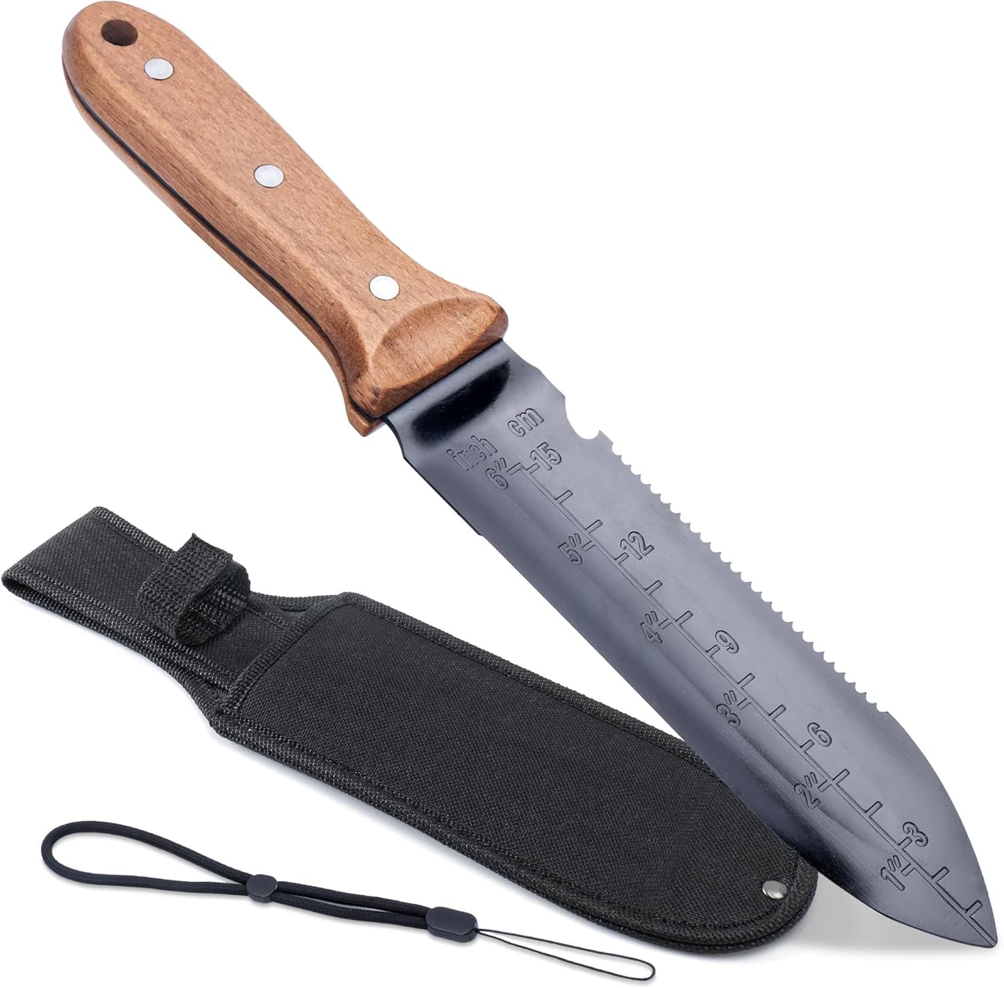 Hori Hori Garden Knife- Garden Tools with Oxford Cloth Sheath, 7" Stainless Steel Blade,Full Tang Beechwood Handle, Ideal for Transplanting, Division, Weeding & Root Care (Forked Tip)