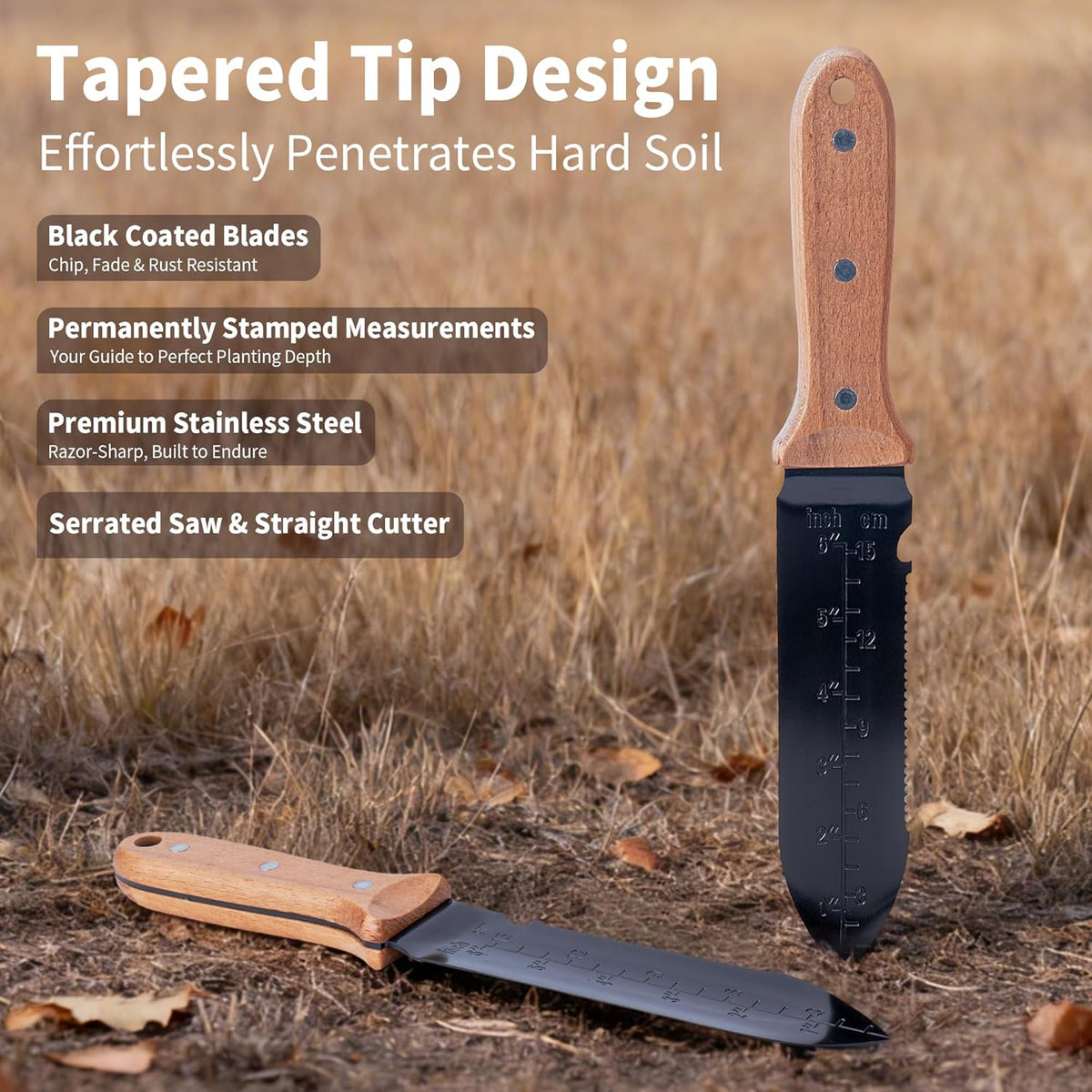 Hori Hori Garden Knife- Garden Tools with Oxford Cloth Sheath, 7" Stainless Steel Blade,Full Tang Beechwood Handle, Ideal for Transplanting, Division, Weeding & Root Care (Forked Tip)