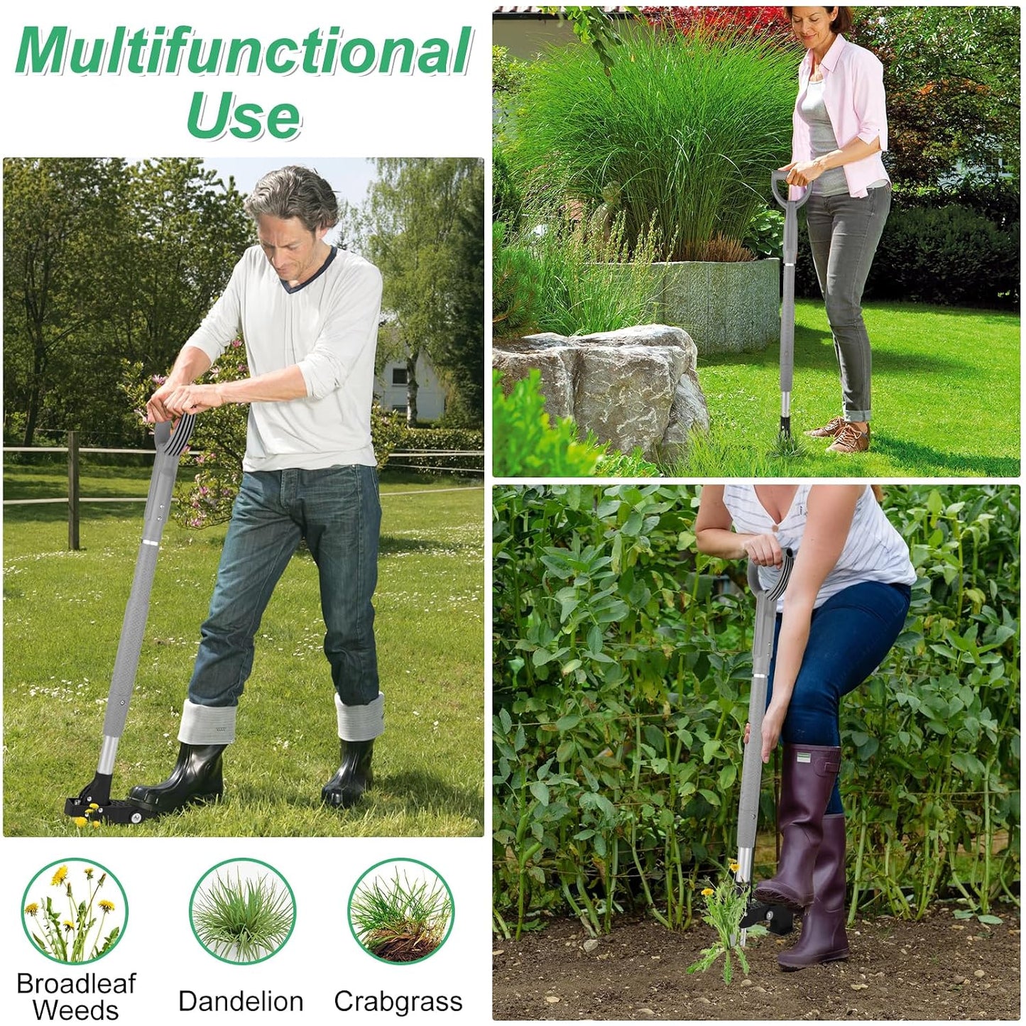 Weed Puller Tool, 4-Claw Stand Up Weed Handle Tool, Heavy Duty Gardening Weed Hand Remover with Adjustable Long Ergonomic Handle Up to 39 inch Without Bending, Pulling, or Kneeling