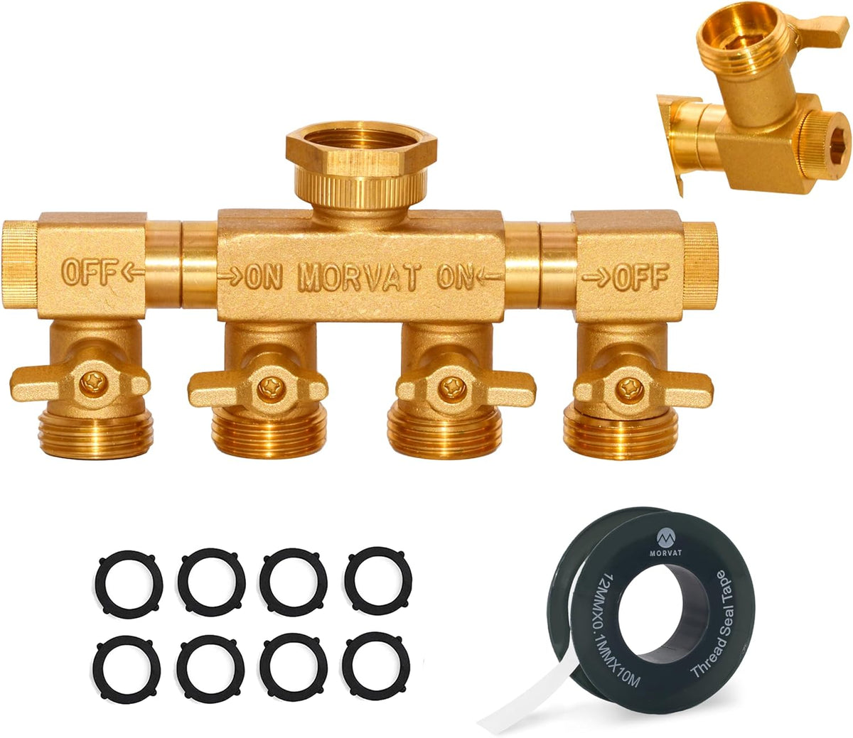 4 Way Splitter with Rotating Arms, Heavy Duty Brass Garden Hose Manifold Connector with Comfort Rubber Grip ON/OFF, Adapter for Water Faucet Tap & Spigot, 8 Extra Washers & Teflon Tape