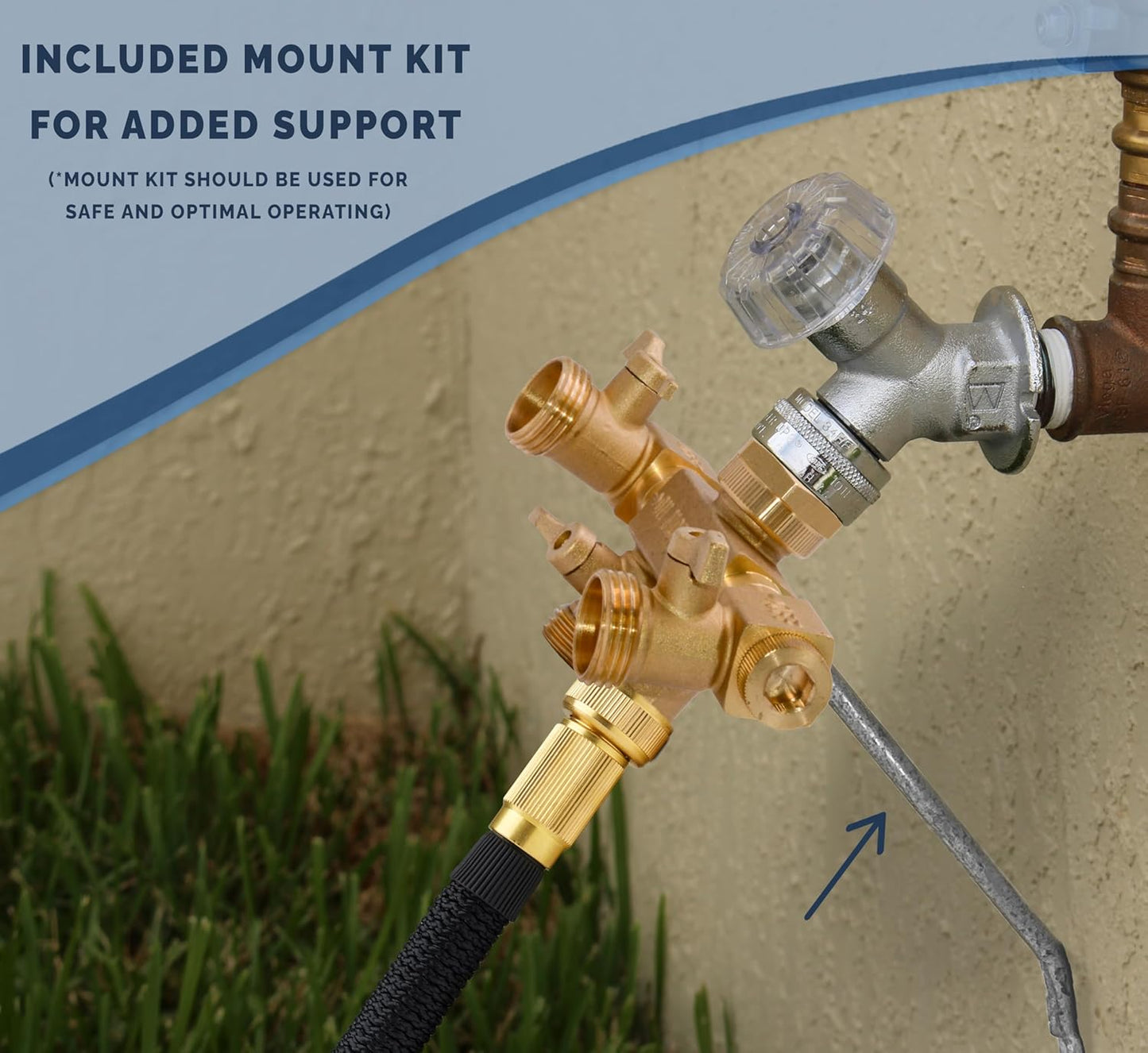4 Way Splitter with Rotating Arms, Heavy Duty Brass Garden Hose Manifold Connector with Comfort Rubber Grip ON/OFF, Adapter for Water Faucet Tap & Spigot, 8 Extra Washers & Teflon Tape