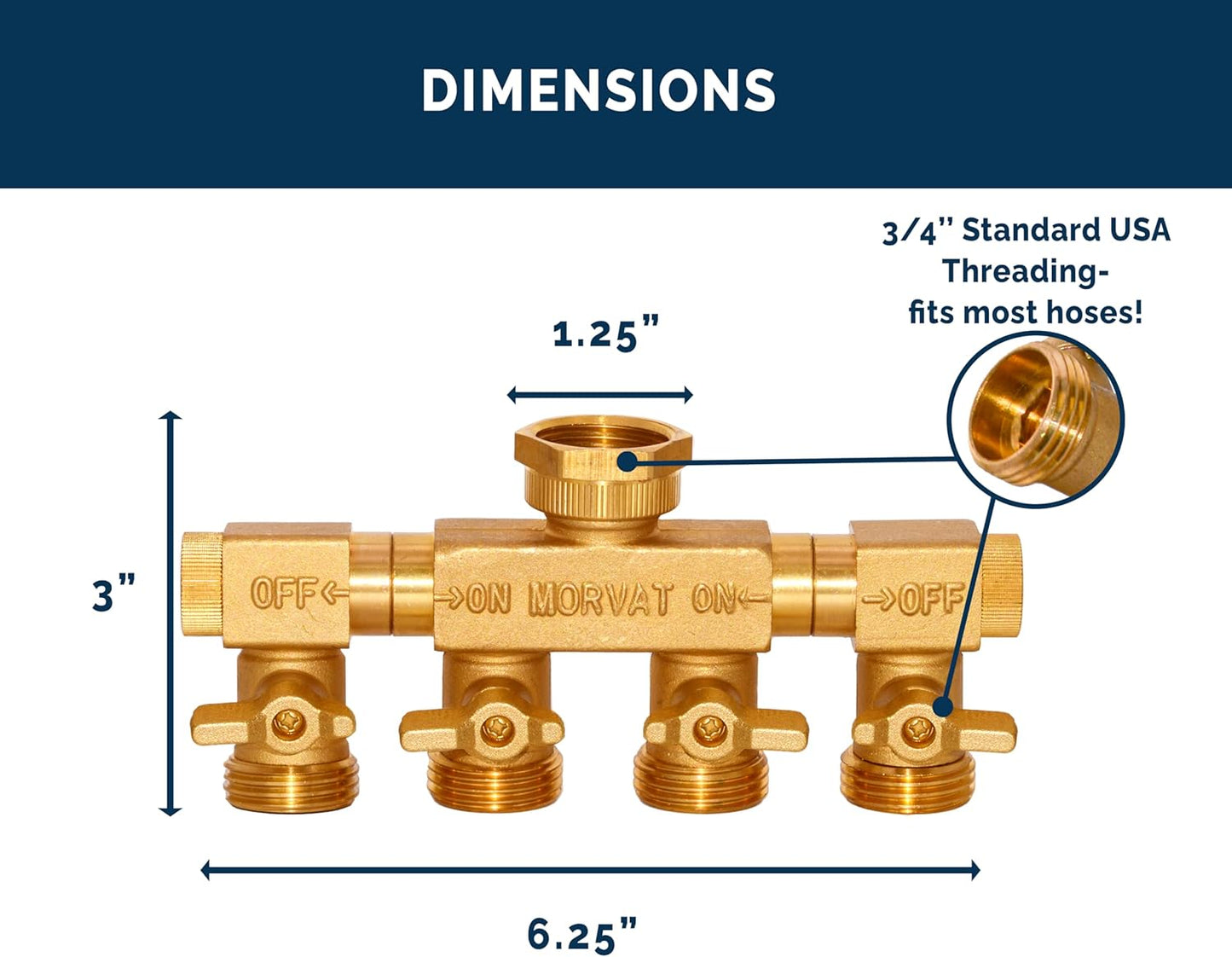 4 Way Splitter with Rotating Arms, Heavy Duty Brass Garden Hose Manifold Connector with Comfort Rubber Grip ON/OFF, Adapter for Water Faucet Tap & Spigot, 8 Extra Washers & Teflon Tape