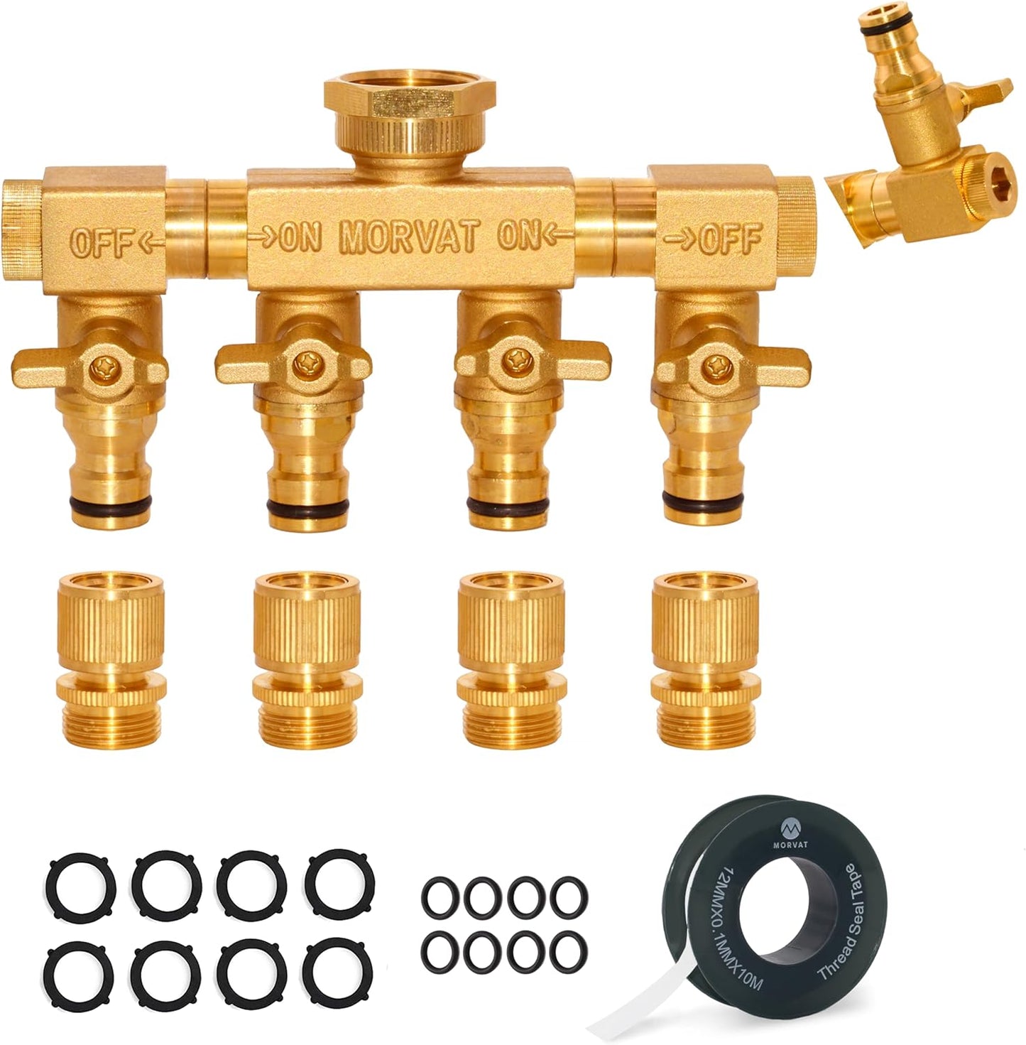 4 Way Splitter with Rotating Arms, Heavy Duty Brass Garden Hose Manifold Connector with Comfort Rubber Grip ON/OFF, Adapter for Water Faucet Tap & Spigot, 8 Extra Washers & Teflon Tape