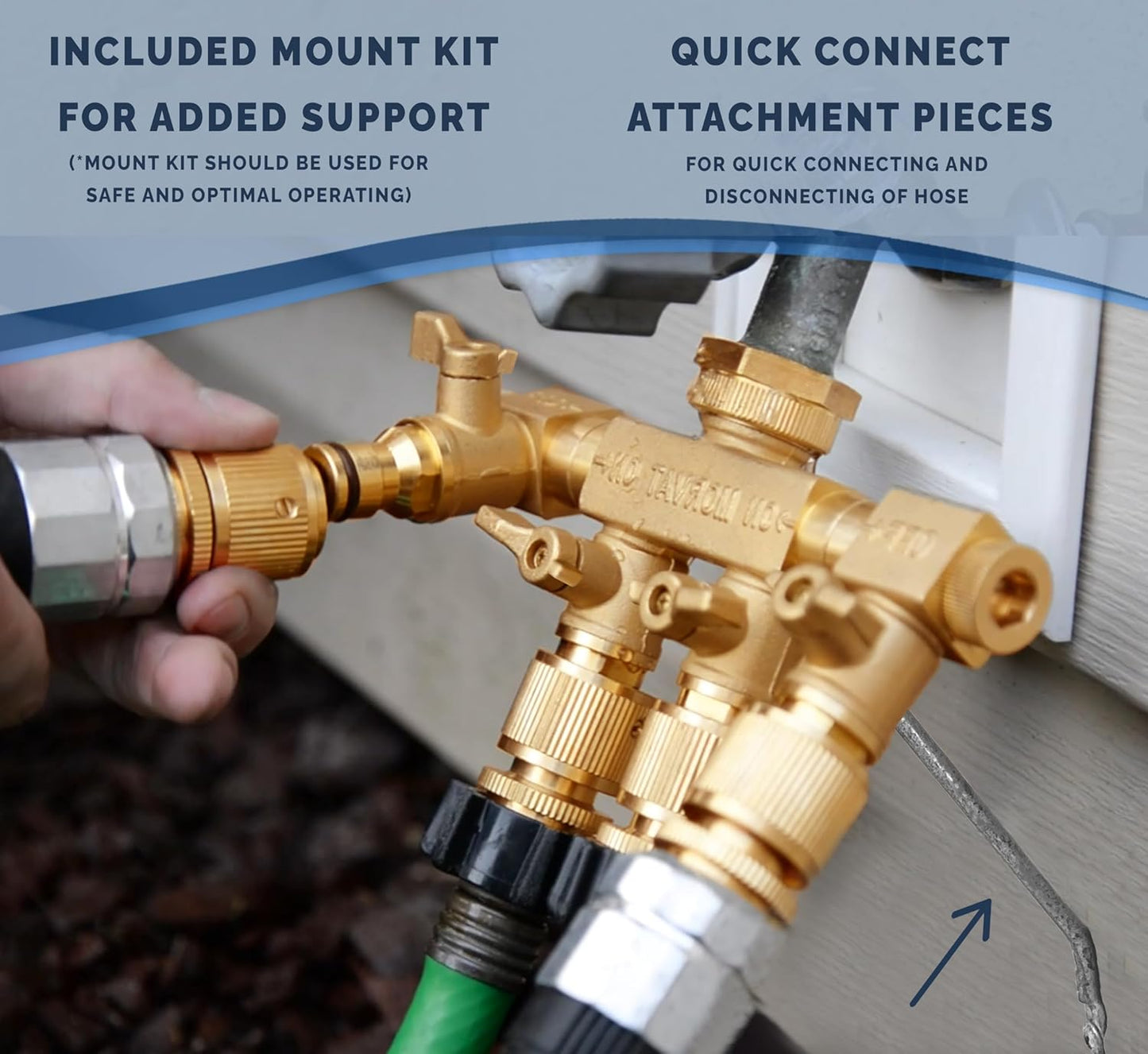 4 Way Splitter with Rotating Arms, Heavy Duty Brass Garden Hose Manifold Connector with Comfort Rubber Grip ON/OFF, Adapter for Water Faucet Tap & Spigot, 8 Extra Washers & Teflon Tape