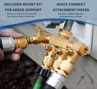 4 Way Splitter with Rotating Arms, Heavy Duty Brass Garden Hose Manifold Connector with Comfort Rubber Grip ON/OFF, Adapter for Water Faucet Tap & Spigot, 8 Extra Washers & Teflon Tape