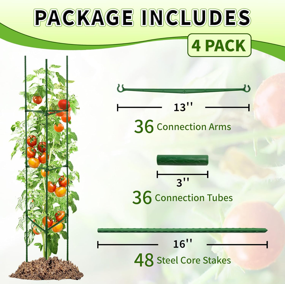 4-Pack 48-Inch Adjustable Tomato Cages, Heavy-Duty Metal Plant Support Trellis for Garden and Pots, DIY Tomato Stakes, Height Adjustable 16 to 192 Inches