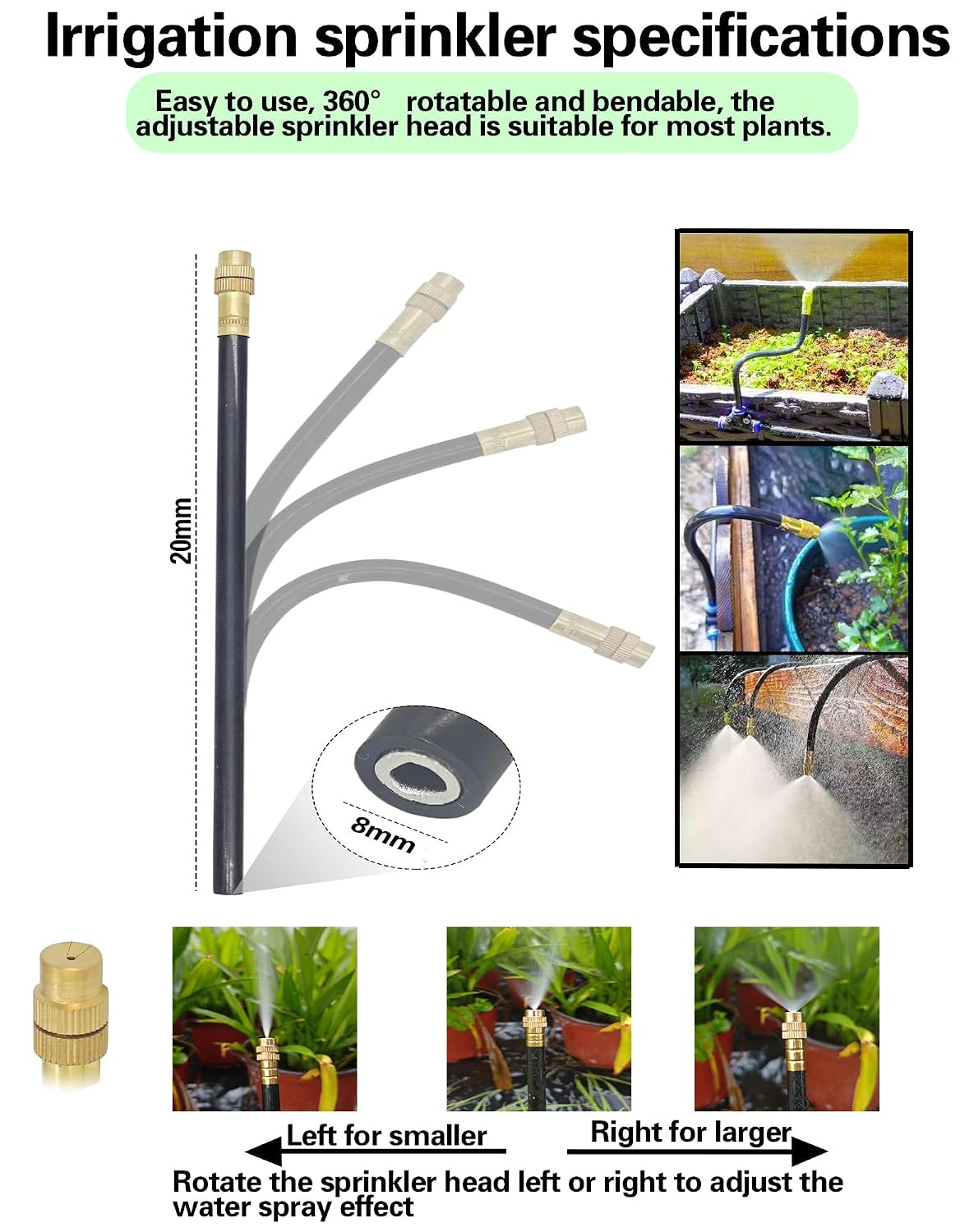20-Piece Drip Irrigation Kit - 10 Adjustable 360° Misting Sprinklers & 10 Push-to-Connect 12-8mm Tee Fittings, Tool-Free Watering System for Garden, Greenhouse, Potted Plants