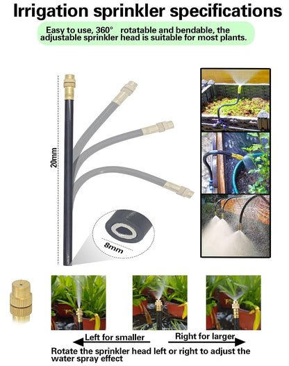 20-Piece Drip Irrigation Kit - 10 Adjustable 360° Misting Sprinklers & 10 Push-to-Connect 12-8mm Tee Fittings, Tool-Free Watering System for Garden, Greenhouse, Potted Plants