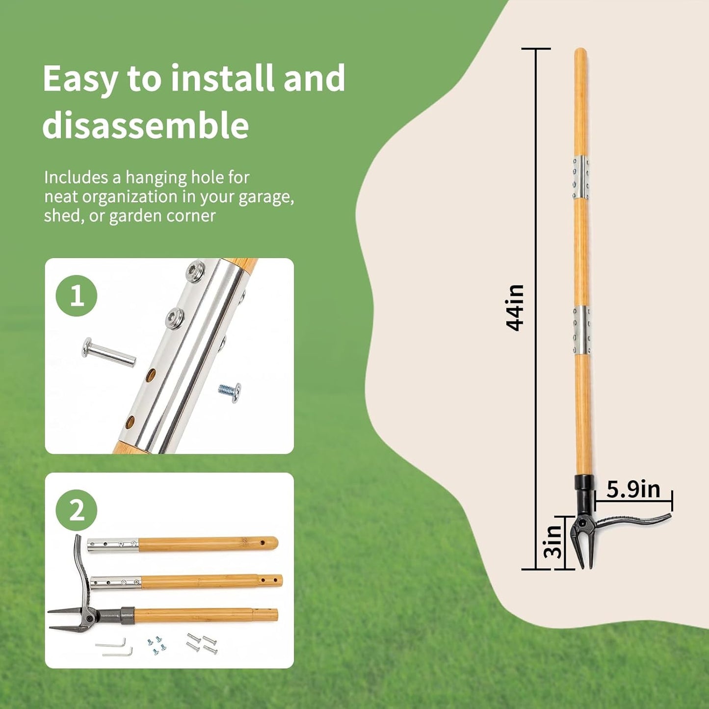 Weed Puller Tool, 44" Stand Up Heavy Duty Root Removal Garden Tools with 4 Claw Steel Head, Made with Real Bamboo & Long Wooden Handle - Easily Remove Weeds Without Bending, Kneeling, or Pulling