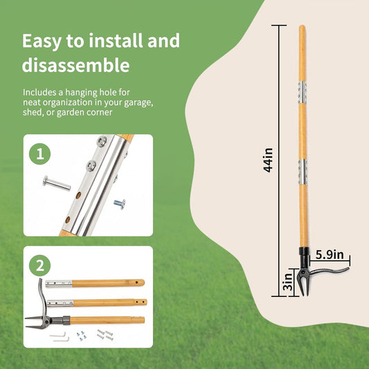 Weed Puller Tool, 44" Stand Up Heavy Duty Root Removal Garden Tools with 4 Claw Steel Head, Made with Real Bamboo & Long Wooden Handle - Easily Remove Weeds Without Bending, Kneeling, or Pulling