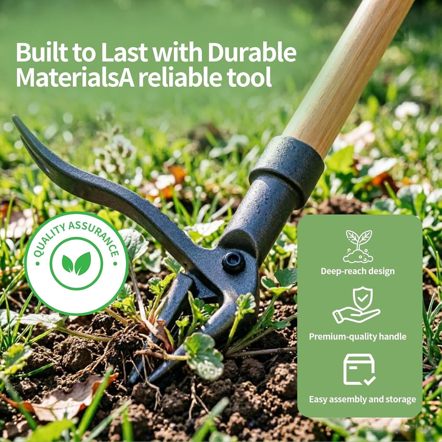 Weed Puller Tool, 44" Stand Up Heavy Duty Root Removal Garden Tools with 4 Claw Steel Head, Made with Real Bamboo & Long Wooden Handle - Easily Remove Weeds Without Bending, Kneeling, or Pulling