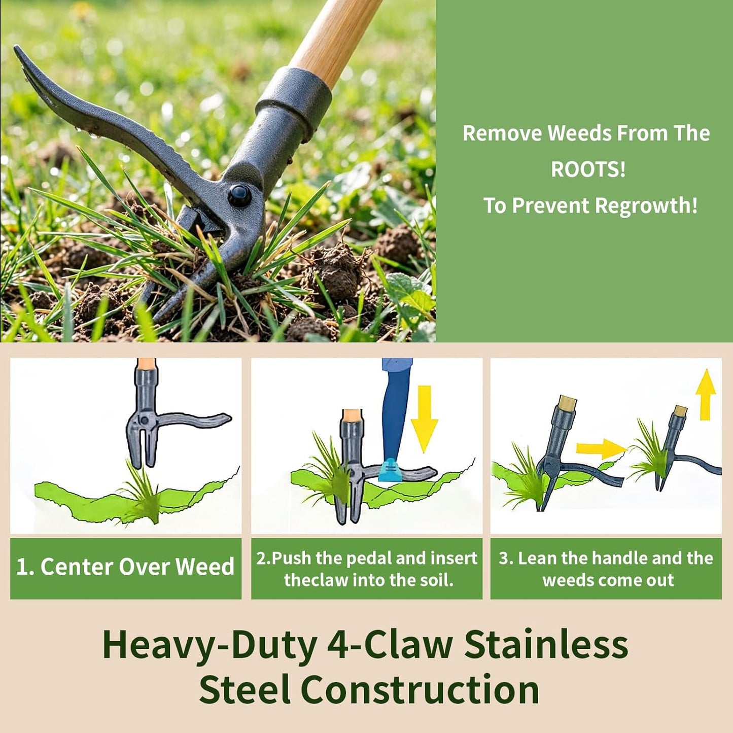 Weed Puller Tool, 44" Stand Up Heavy Duty Root Removal Garden Tools with 4 Claw Steel Head, Made with Real Bamboo & Long Wooden Handle - Easily Remove Weeds Without Bending, Kneeling, or Pulling