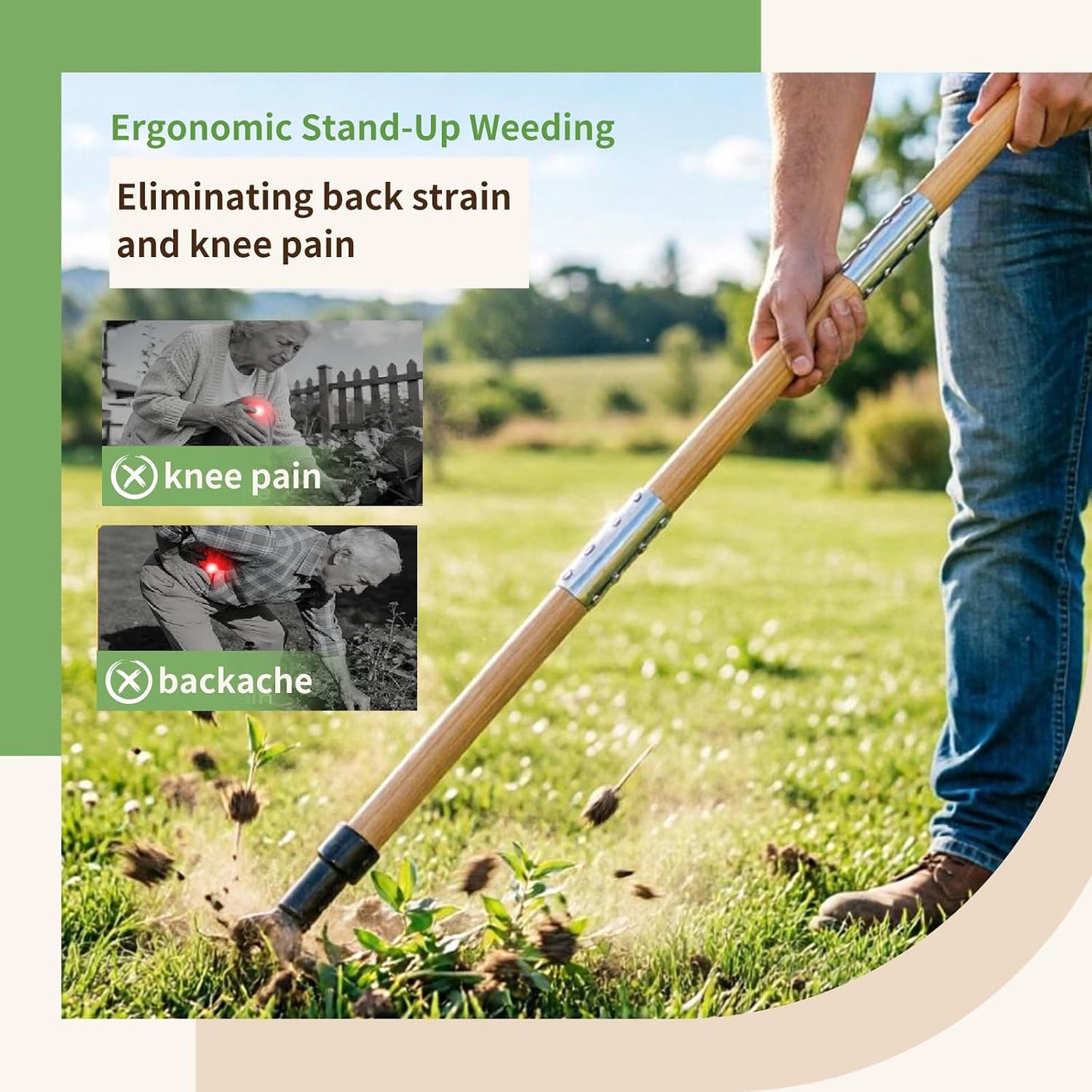 Weed Puller Tool, 44" Stand Up Heavy Duty Root Removal Garden Tools with 4 Claw Steel Head, Made with Real Bamboo & Long Wooden Handle - Easily Remove Weeds Without Bending, Kneeling, or Pulling