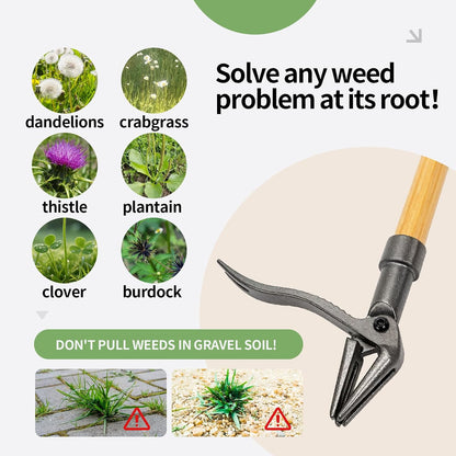 Weed Puller Tool, 44" Stand Up Heavy Duty Root Removal Garden Tools with 4 Claw Steel Head, Made with Real Bamboo & Long Wooden Handle - Easily Remove Weeds Without Bending, Kneeling, or Pulling