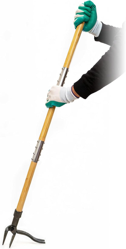 Weed Puller Tool, 44" Stand Up Heavy Duty Root Removal Garden Tools with 4 Claw Steel Head, Made with Real Bamboo & Long Wooden Handle - Easily Remove Weeds Without Bending, Kneeling, or Pulling