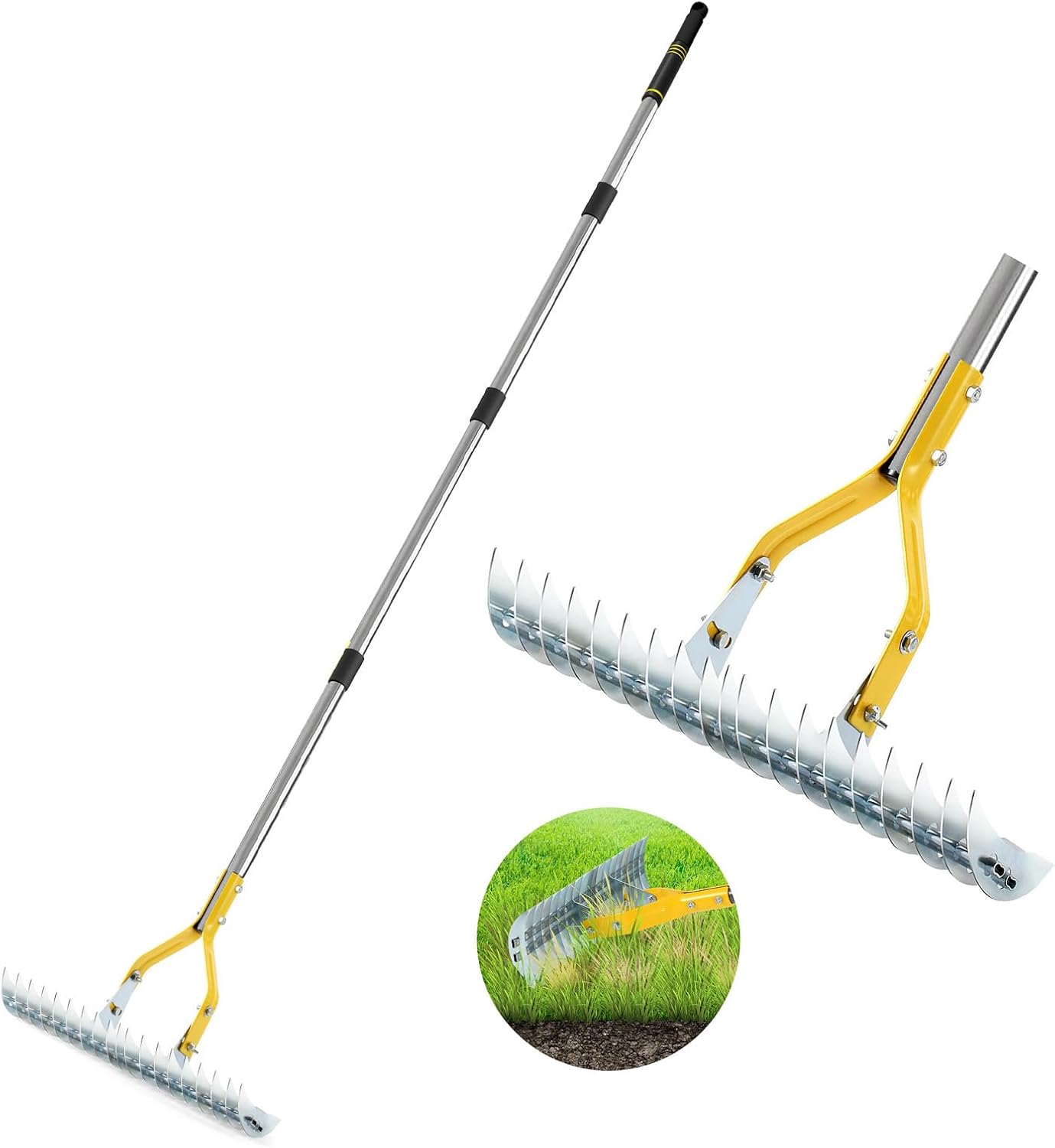 Thatch Rake, 15-Inch Steel Lawn Dethatcher with Handle, Heavy Duty Grass Cleaning Tool for Dead Grass and Soil Loosening, Versatile Yard and Garden Grooming (Black+Metallic Silver)