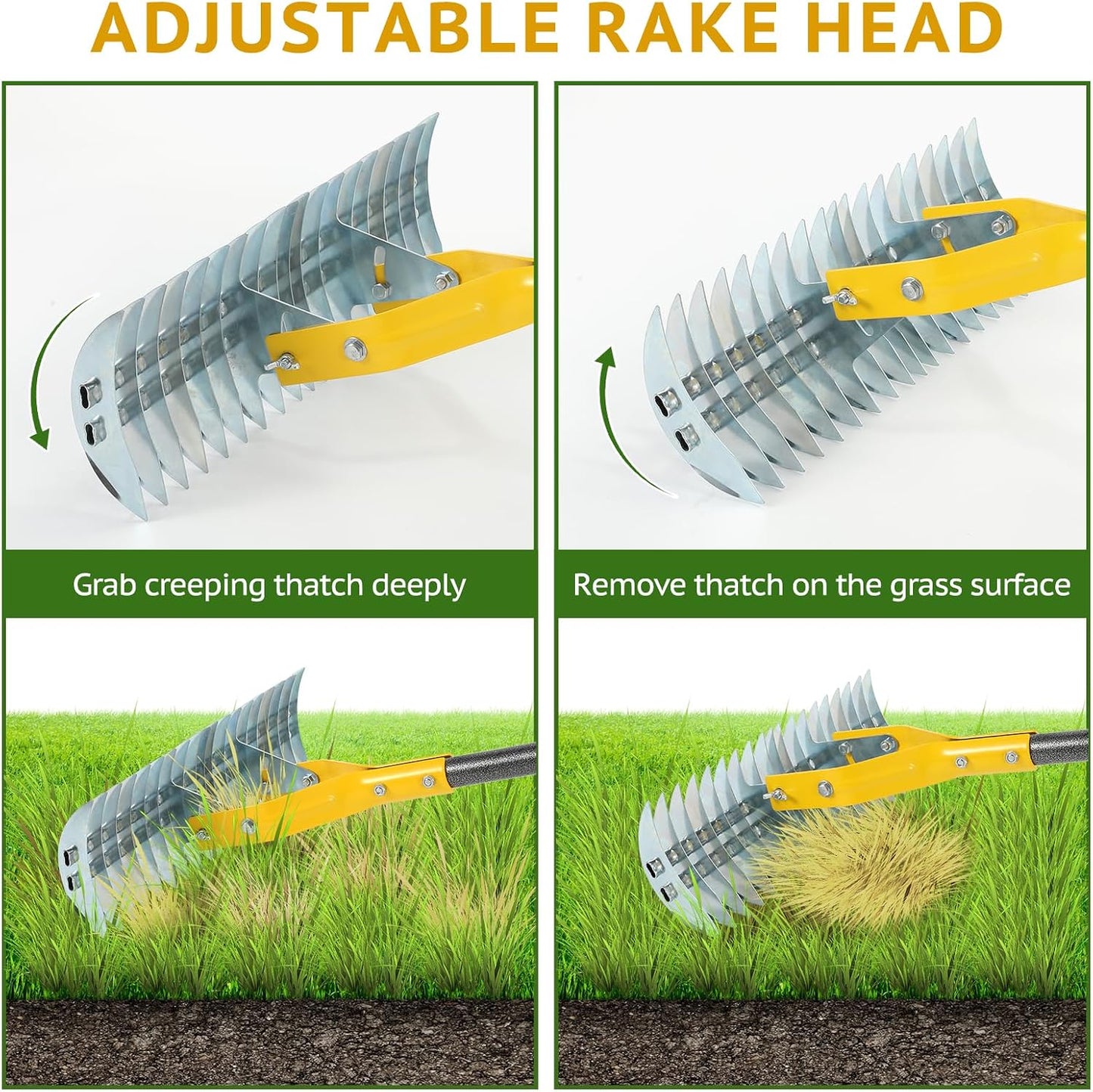 Thatch Rake, 15-Inch Steel Lawn Dethatcher with Handle, Heavy Duty Grass Cleaning Tool for Dead Grass and Soil Loosening, Versatile Yard and Garden Grooming (Black+Metallic Silver)