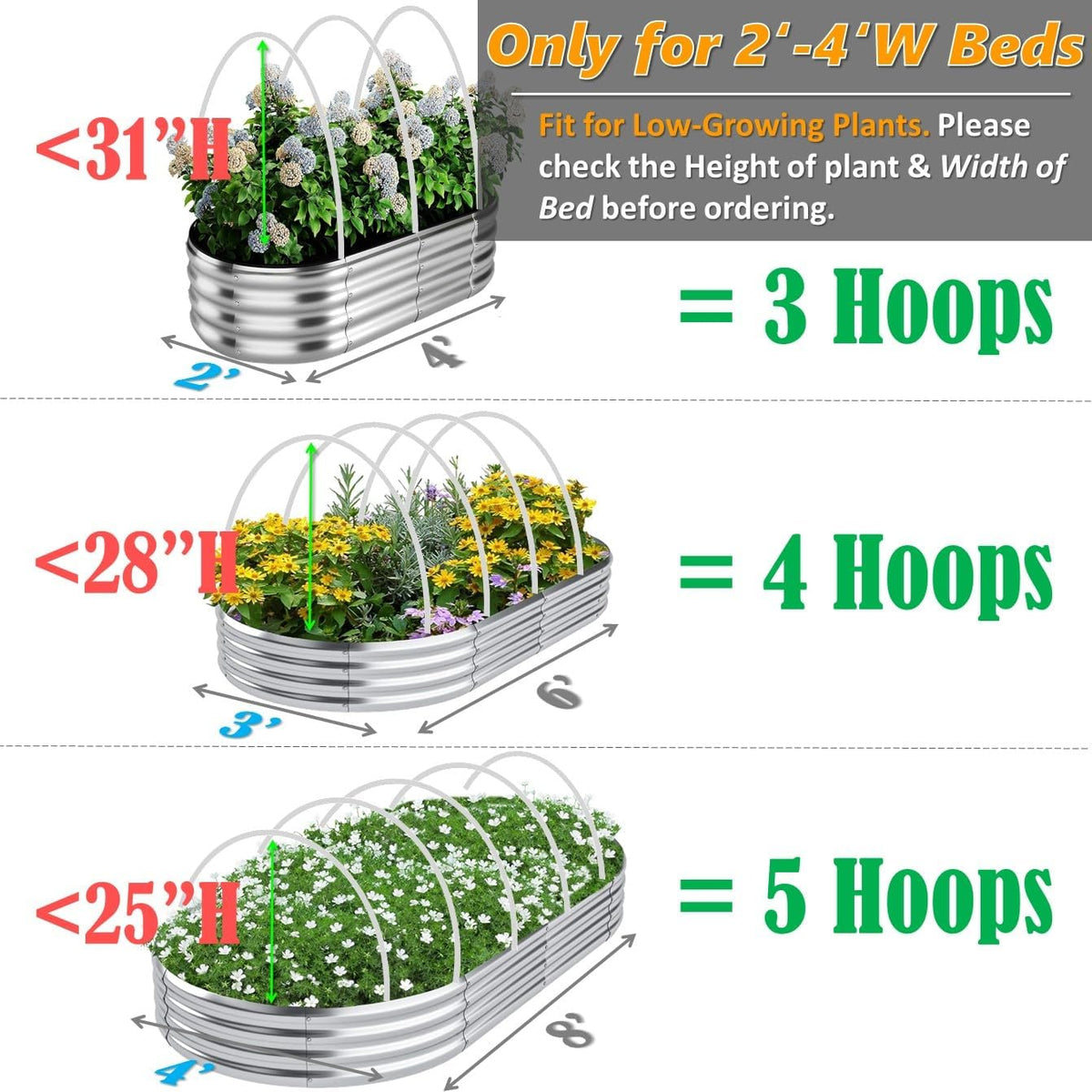 Greenhouse Hoops for 2-4ft Wide Raised Beds, 6.56ft Long Super Bendable Fiberglass Garden Hoops, Weather Resistant Grow Tunnel Support Frame for Plant Row Cover, 6 Pcs
