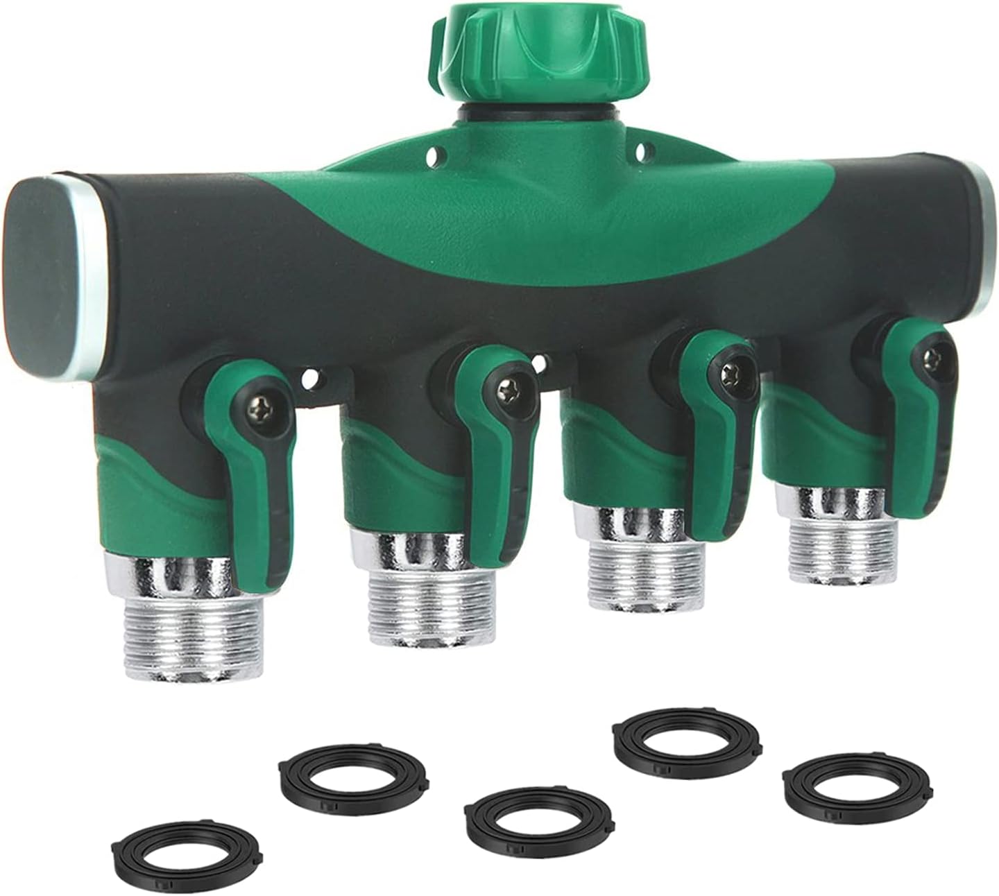 Garden Hose Splitter 4 Way - 3/4 Inch Heavy Duty Metal Water Faucet Splitter with Shut Off Valves 4 Way Leakproof Hose Connectors with Comfortable Rubberized Grip for Gardening Hoses 5 Washers