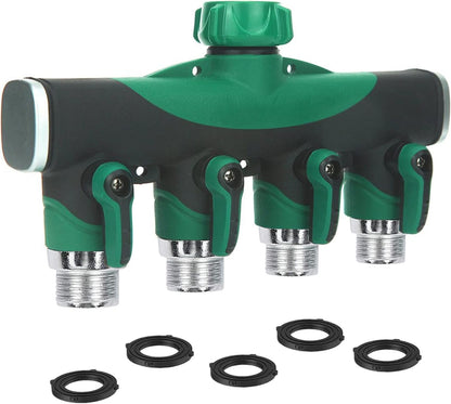 Garden Hose Splitter 4 Way - 3/4 Inch Heavy Duty Metal Water Faucet Splitter with Shut Off Valves 4 Way Leakproof Hose Connectors with Comfortable Rubberized Grip for Gardening Hoses 5 Washers