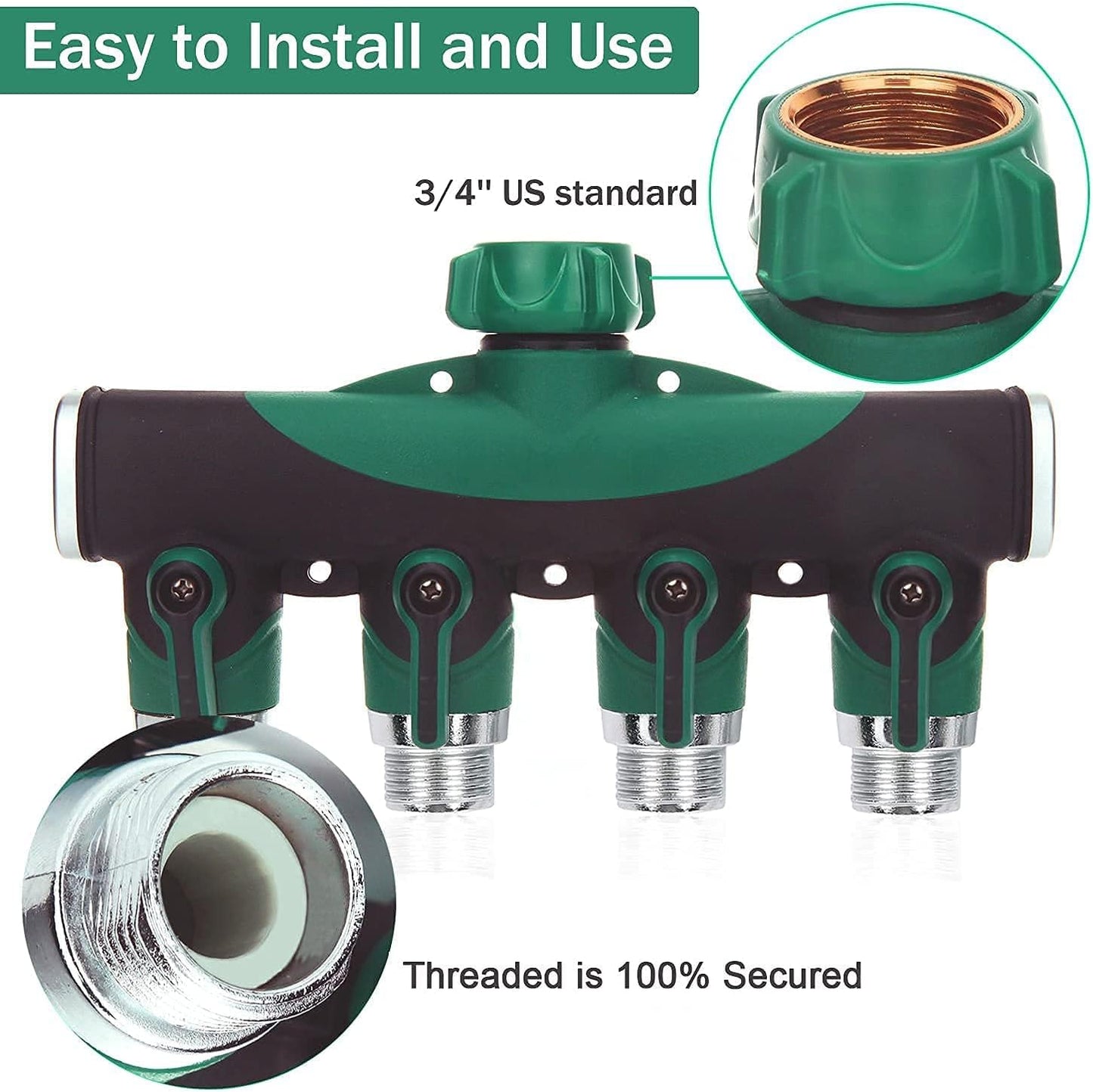 Garden Hose Splitter 4 Way - 3/4 Inch Heavy Duty Metal Water Faucet Splitter with Shut Off Valves 4 Way Leakproof Hose Connectors with Comfortable Rubberized Grip for Gardening Hoses 5 Washers