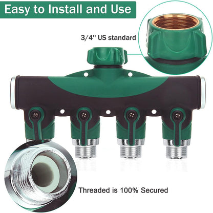Garden Hose Splitter 4 Way - 3/4 Inch Heavy Duty Metal Water Faucet Splitter with Shut Off Valves 4 Way Leakproof Hose Connectors with Comfortable Rubberized Grip for Gardening Hoses 5 Washers
