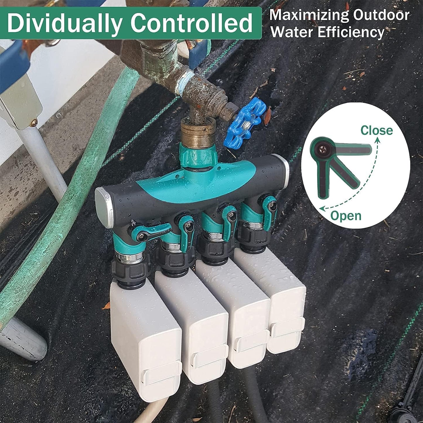 Garden Hose Splitter 4 Way - 3/4 Inch Heavy Duty Metal Water Faucet Splitter with Shut Off Valves 4 Way Leakproof Hose Connectors with Comfortable Rubberized Grip for Gardening Hoses 5 Washers
