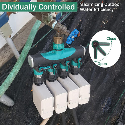 Garden Hose Splitter 4 Way - 3/4 Inch Heavy Duty Metal Water Faucet Splitter with Shut Off Valves 4 Way Leakproof Hose Connectors with Comfortable Rubberized Grip for Gardening Hoses 5 Washers