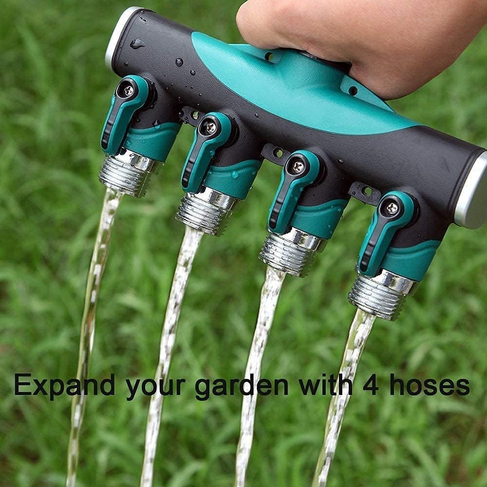 Garden Hose Splitter 4 Way - 3/4 Inch Heavy Duty Metal Water Faucet Splitter with Shut Off Valves 4 Way Leakproof Hose Connectors with Comfortable Rubberized Grip for Gardening Hoses 5 Washers