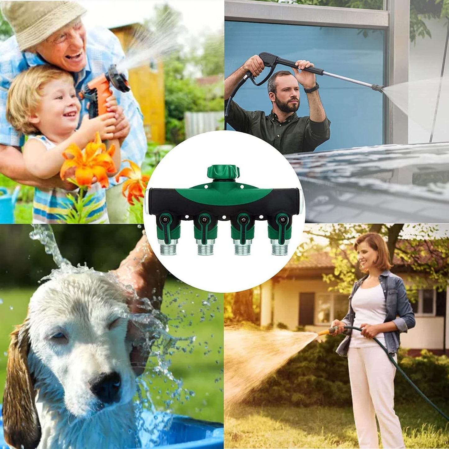 Garden Hose Splitter 4 Way - 3/4 Inch Heavy Duty Metal Water Faucet Splitter with Shut Off Valves 4 Way Leakproof Hose Connectors with Comfortable Rubberized Grip for Gardening Hoses 5 Washers