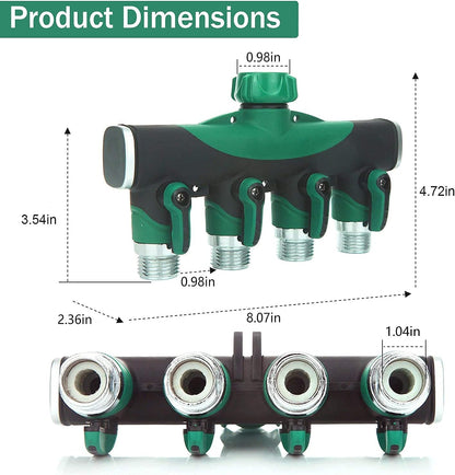 Garden Hose Splitter 4 Way - 3/4 Inch Heavy Duty Metal Water Faucet Splitter with Shut Off Valves 4 Way Leakproof Hose Connectors with Comfortable Rubberized Grip for Gardening Hoses 5 Washers