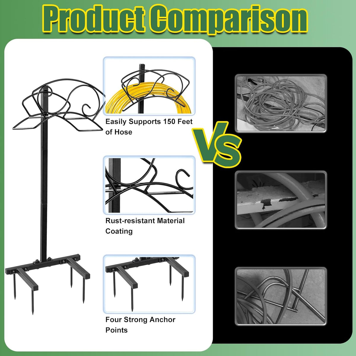 Garden Hose Holder Freestanding, Water Hose Holders for Outside with Sturdy 4 Spikes, Hose Reel Holds 150-feet Hose, Hose Hanger Hose Storage for Yard, Lawn, Farm