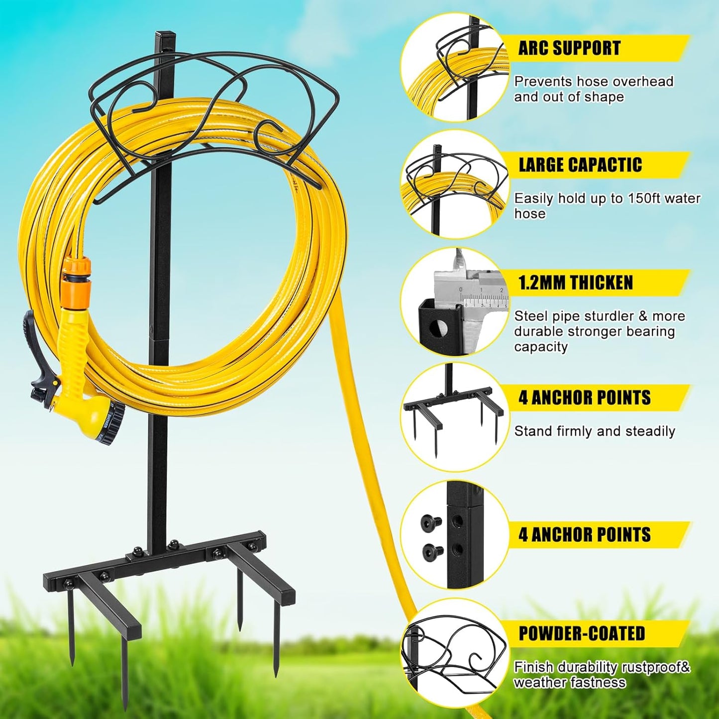 Garden Hose Holder Freestanding, Water Hose Holders for Outside with Sturdy 4 Spikes, Hose Reel Holds 150-feet Hose, Hose Hanger Hose Storage for Yard, Lawn, Farm