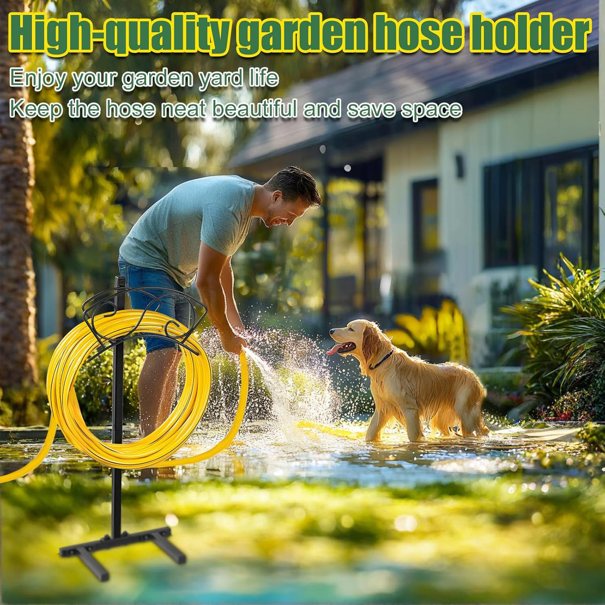 Garden Hose Holder Freestanding, Water Hose Holders for Outside with Sturdy 4 Spikes, Hose Reel Holds 150-feet Hose, Hose Hanger Hose Storage for Yard, Lawn, Farm